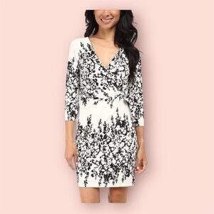 NWOT Jessica Simpson black & white floral 3/4 sleeve faux wrap cocktail dress